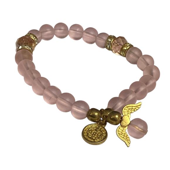 Rose Quartz Bracelet, Angel Charm Beaded Bracelet of Love and Healing Energy - Picture 2 of 5